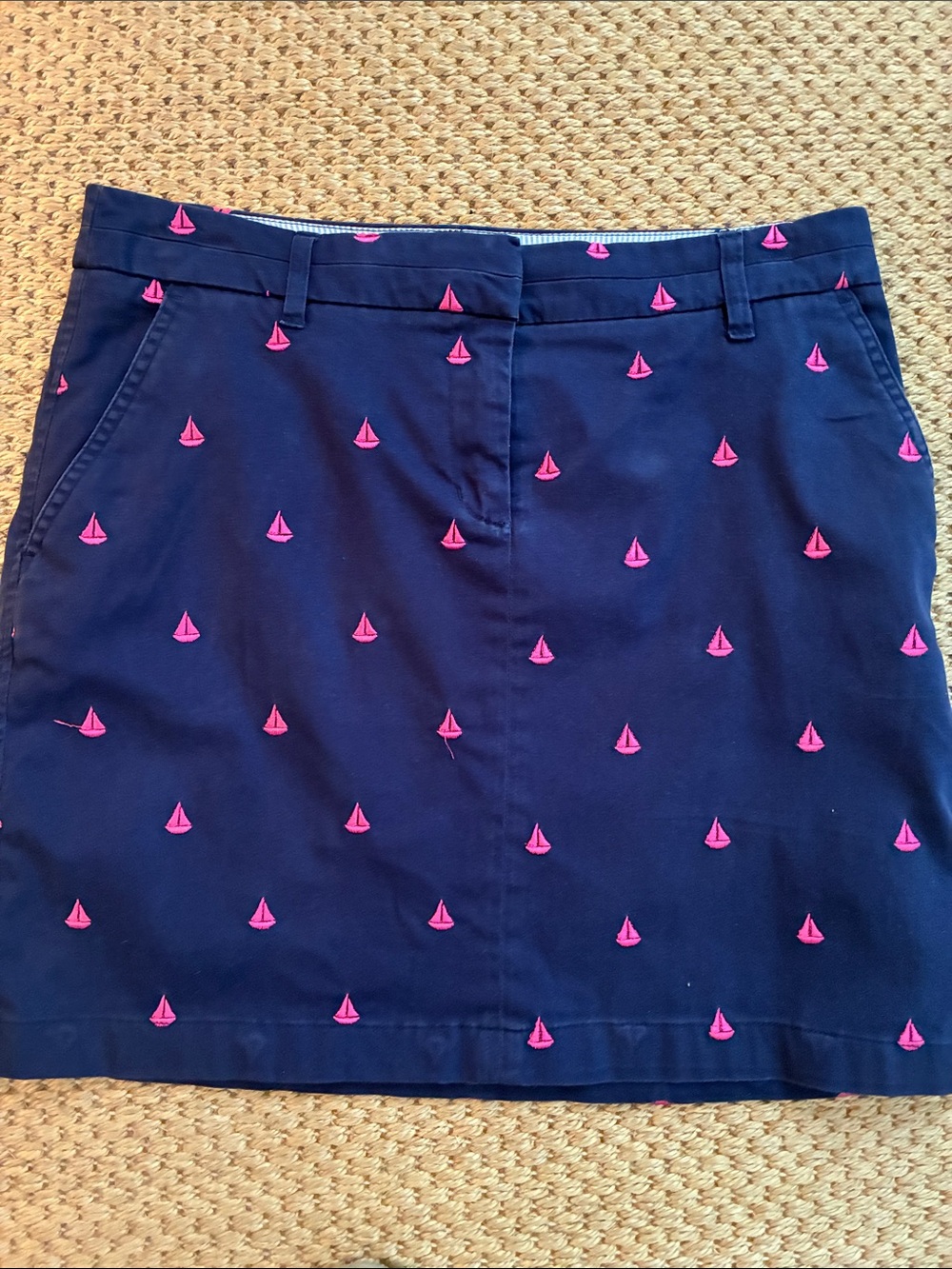 British Khaki Navy Mini Skirt with Pink Sailboat Embroidery